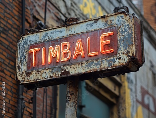 Rustic urban scene capturing a vintage neon sign that reads 'TIMBALE' mounted on an aged, weathered background in a historical district photo