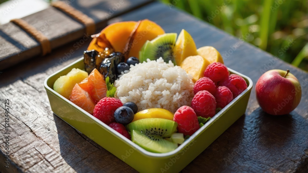A vibrant fruit and rice bowl arranged in a green container on a wooden surface. A vibrant fruit and rice bowl arranged in a green container on a wooden surface.