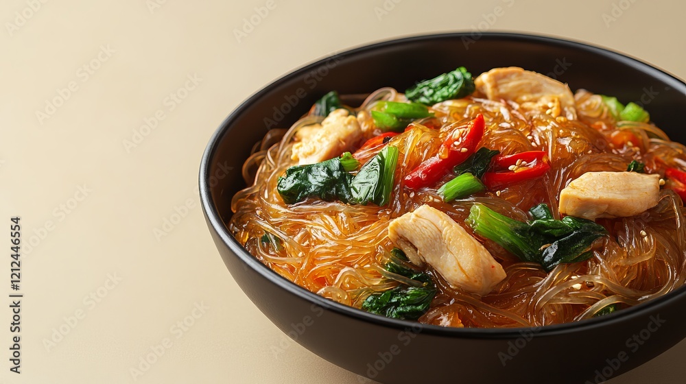 Delicious Bowl of Noodles with Tender Chicken and Fresh Vegetables in a Warm and Inviting Setting Delicious Bowl of Noodles with Tender Chicken and Fresh Vegetables in a Warm and Inviting Setting