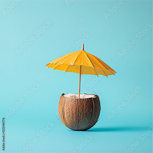 Summer coconut drink with stylish umbrella decor. photo