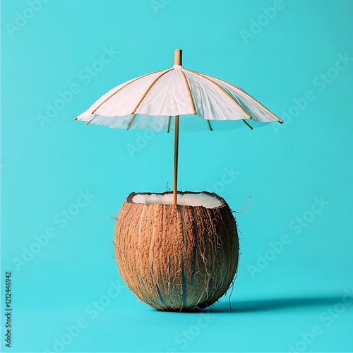 Coconut drink and umbrella evoke tropical paradise. photo