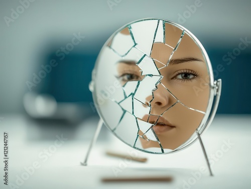 Abuse Awareness Advocacy Concept, A shattered mirror pieced together, reflecting a strong and confident face, healing after abuse, concept selfempowerment