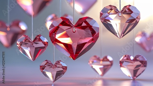 Hanging Crystal Hearts with Sparkling Details and Soft Pink Tones, Perfect for Romantic or Decorative Occasions photo