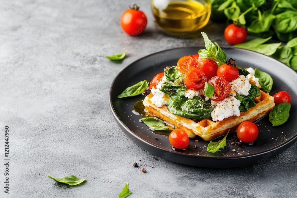 Nutritious waffles for breakfast. Fresh basil and tomato dish on a stylish black plate. Nutritious waffles for breakfast. Fresh basil and tomato dish on a stylish black plate.
