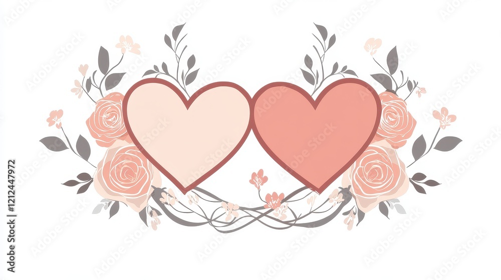 A pair of entwined hearts adorned with roses, romantic icon, elegant flat design, soft color palette, isolated on white background 