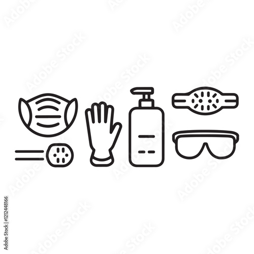 Medical mask, latex gloves, soap, dispenser, protective glasses.