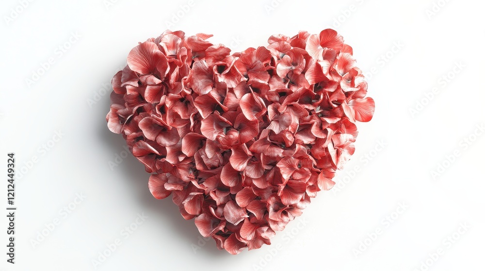 A red heart made of delicate rose petals, romantic element, 3D realistic rendering, soft shadows, isolated on white background A red heart made of delicate rose petals, romantic element, 3D realistic rendering, soft shadows, isolated on white background