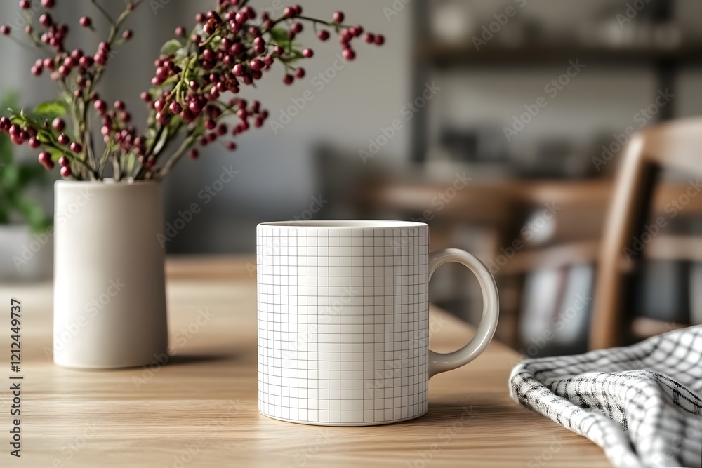 Grid Mug on Wooden Table, Cozy Home Grid Mug on Wooden Table, Cozy Home