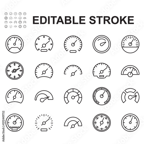 Speedometer icon set. Contains various speedo meter shape icons. Thin line vector.
