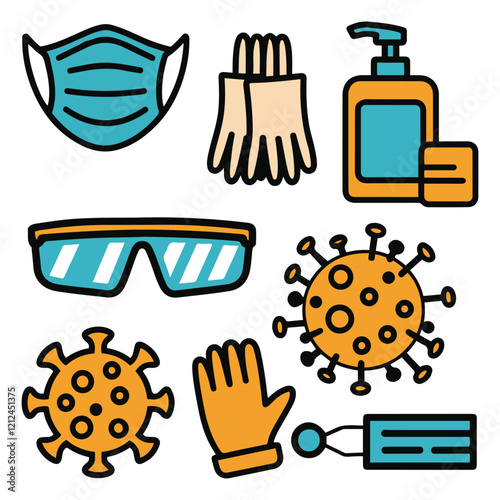 Medical mask, latex gloves, soap, dispenser, protective glasses.