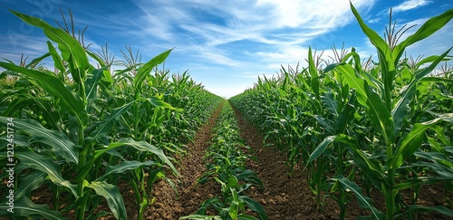 The agricultural land of a green corn farm with a perfect sky. Location place of Ukrainian