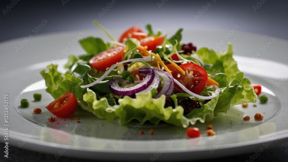 A vibrant salad featuring fresh greens, tomatoes, onions, and garnishes, presented on a plate. A vibrant salad featuring fresh greens, tomatoes, onions, and garnishes, presented on a plate.
