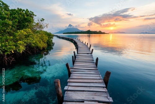A serene mangrove forest in Zanzibar  with wooden walkways winding through lush greenery and still waters