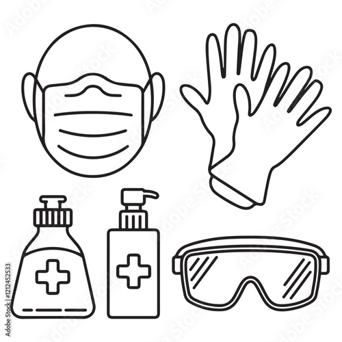 Medical mask, latex gloves, soap, dispenser, protective glasses.