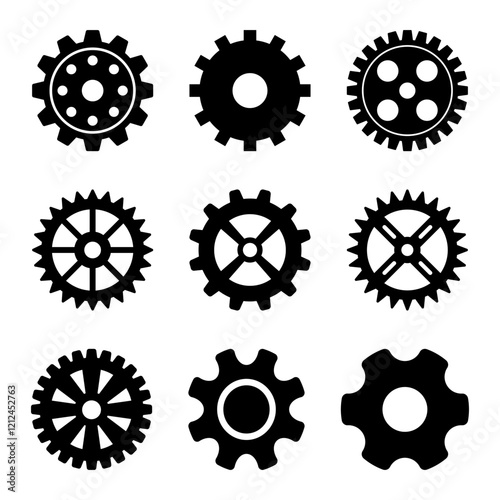 Set of Gears Shapes Vector Illustration. Each gear features a unique design, including variations in the number of teeth, inner structures, and spoke patterns.