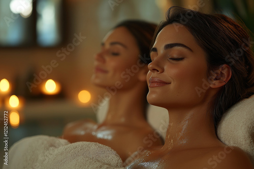 Photo d’un couple recevant des massages côte à côte dans un spa luxueux avec une ambiance chaleureuse, amour, bon cadeau, saint valentin, mariage, institut de beauté, centre de remise en forme, soins