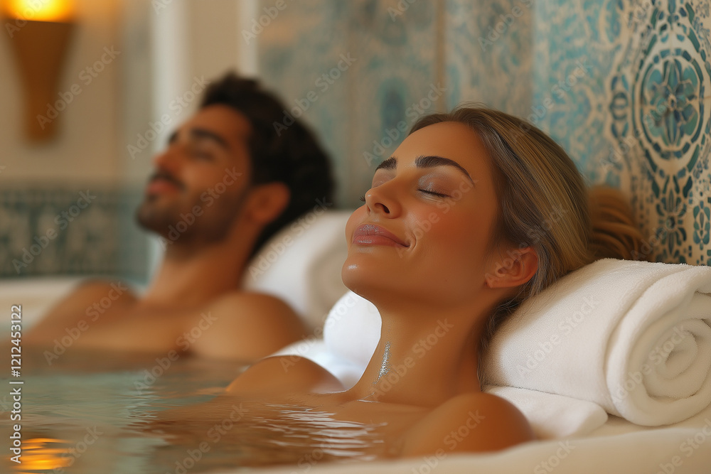 Obraz premium Photo d’un couple recevant des massages côte à côte dans un spa luxueux avec une ambiance chaleureuse, amour, bon cadeau, saint valentin, mariage, institut de beauté, centre de remise en forme, soins