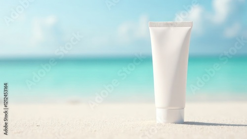 Minimalist Sunscreen Tube on Sandy Beach Against Ocean Background