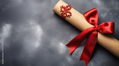 Elegant Wooden Rolling Pin with Red Bow on Gray Background photo