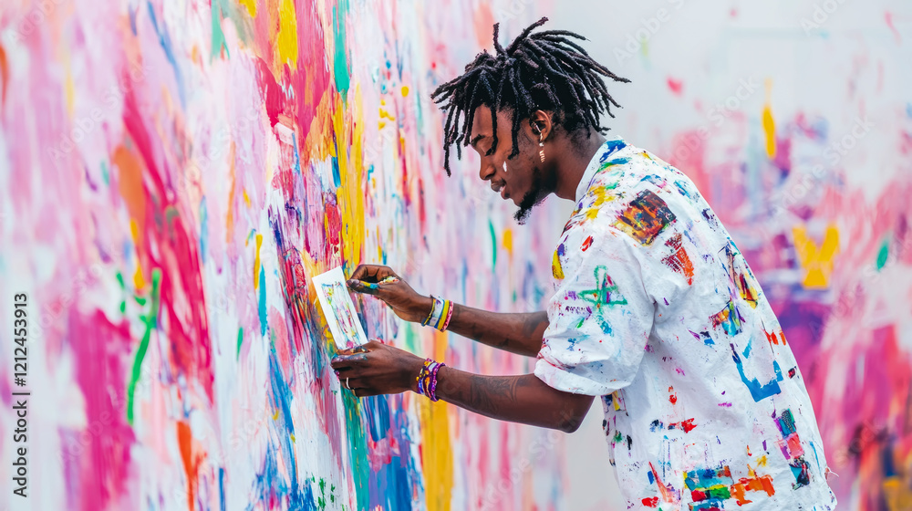 Artistic Expression: A Male Painter Creating Abstract Art on a Large Canvas Artistic Expression: A Male Painter Creating Abstract Art on a Large Canvas