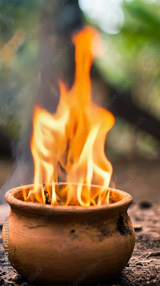 Clay pot with flames rising in outdoor setting during early evening hours Clay pot with flames rising in outdoor setting during early evening hours