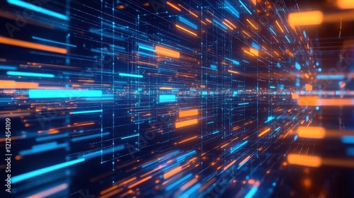 Futuristic Abstract Network Grid of Glowing Lines and Shapes in Dynamic Motion with Bright Colors Representing Data Flow and Digital Interaction