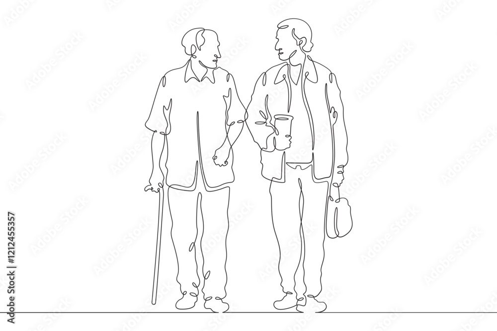 Continuous one line drawing old lady on a walk. Elderly woman with a smartphone. Pensioner taking pictures on her phone.One continuous line isolated minimal illustration.Not AI. Continuous one line drawing old lady on a walk. Elderly woman with a smartphone. Pensioner taking pictures on her phone.One continuous line isolated minimal illustration.Not AI.