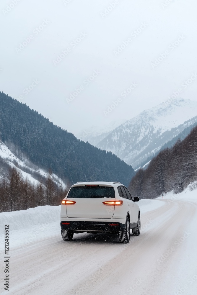 Naklejka premium A white car is driving down a snowy road in the mountains. The car is surrounded by snow and the mountains in the background. The scene is peaceful and serene, with the car moving slowly
