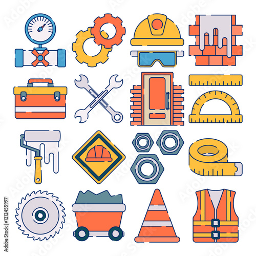 A set of flat design illustrations featuring construction tools and elements, including a hard hat, wrench, gears, bricks, safety vest, toolbox, and traffic cone. Perfect for construction themes.