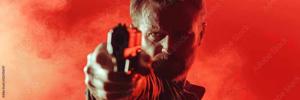 A man pointing a handgun directly forward with intensity, set against a vivid red smokey backdrop, capturing an intense mood and dramatic atmosphere.