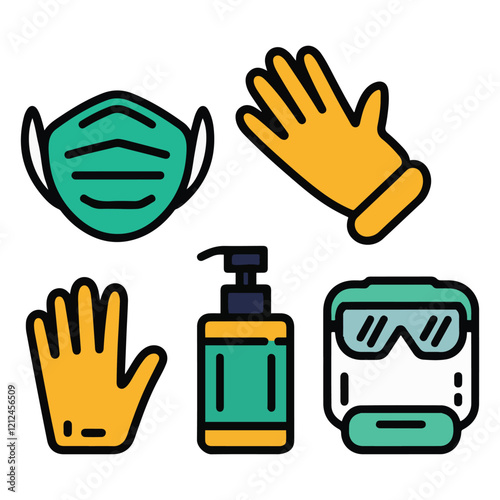 Medical mask, latex gloves, soap, dispenser, protective glasses.
