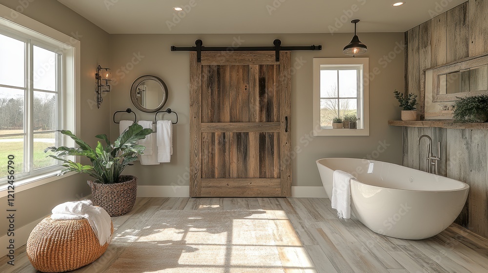 Φωτογραφία Rustic bathroom featuring a freestanding white bathtub with a sliding barn door, large windows, and potted plants complementing the wooden accents