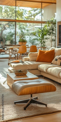 Elegant living room scene featuring a central coffee table modern design bright natural light cozy atmosphere contemporary style