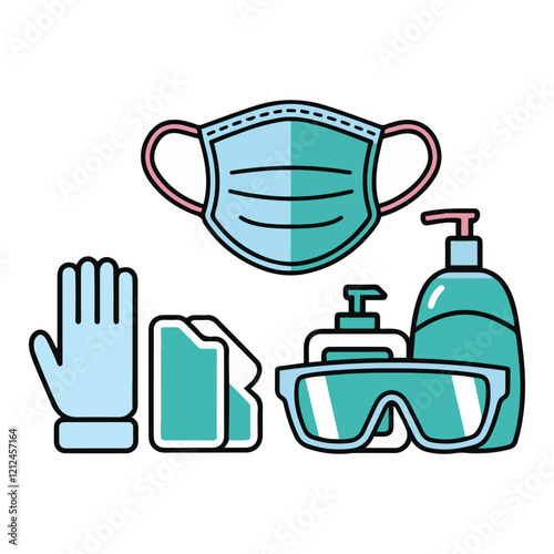 Medical mask, latex gloves, soap, dispenser, protective glasses.
