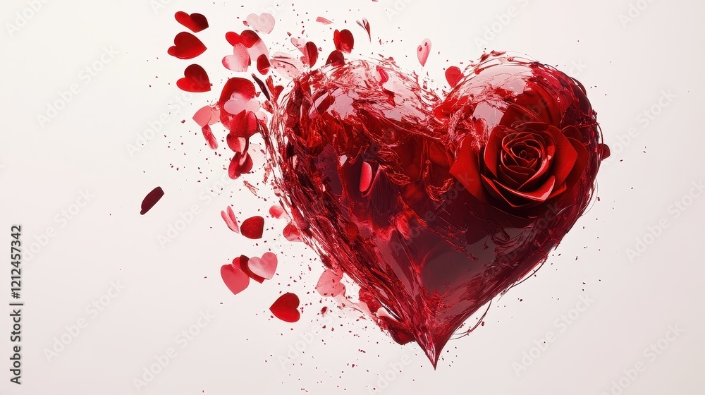 A vibrant red heart melting into rose petals, surreal concept, 3D digital art, dramatic mood, isolated on white background A vibrant red heart melting into rose petals, surreal concept, 3D digital art, dramatic mood, isolated on white background