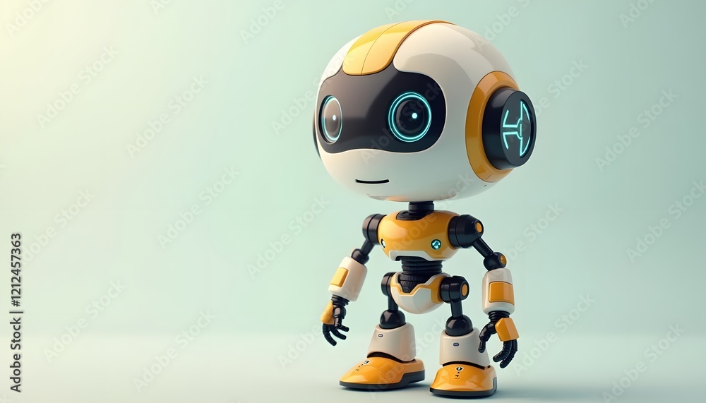 Cute Robot Character With Yellow And White Design Standing On Blue Background Cute Robot Character With Yellow And White Design Standing On Blue Background