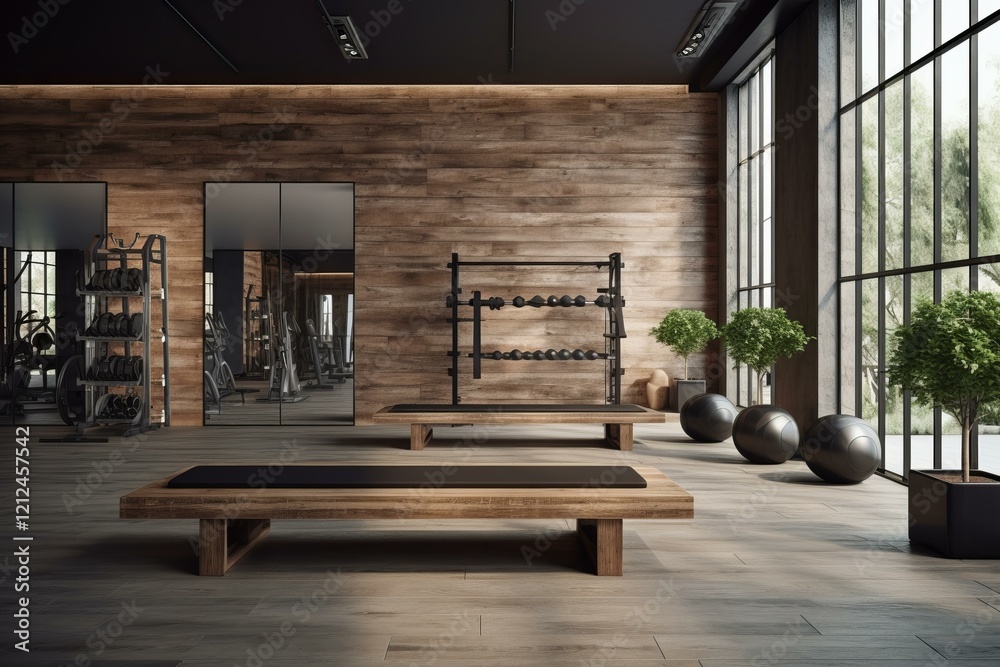 Φωτογραφία Interior of a modern gym showing pilates reformers and weights with wooden walls