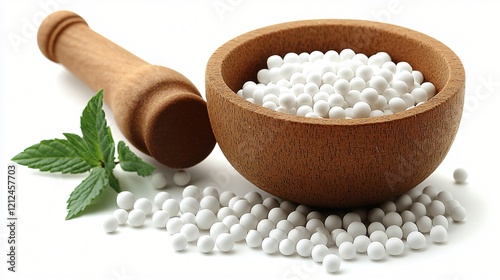 Homeopathic medicine pellets in wooden bowl