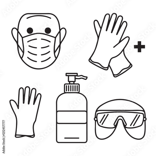 Medical mask, latex gloves, soap, dispenser, protective glasses.