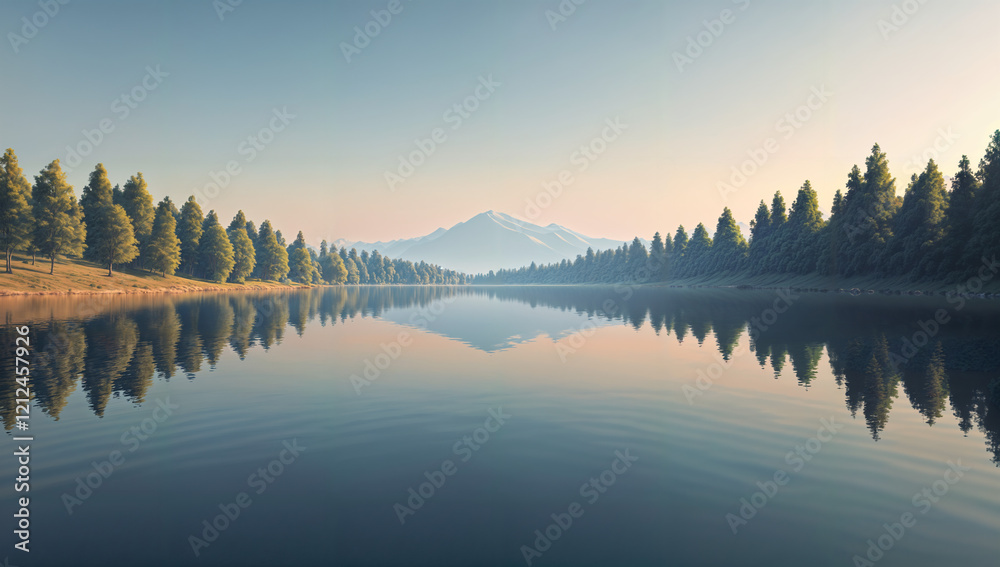 Fototapeta premium A serene lake at dawn reflecting the peaceful landscape