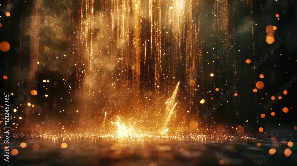 Golden glitter and sparks falling on dark background.
