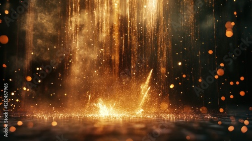 Golden glitter and sparks falling on dark background.