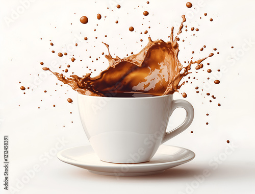 coffee cup in a courtyard, with splashes of brown liquid, isolated on white background.