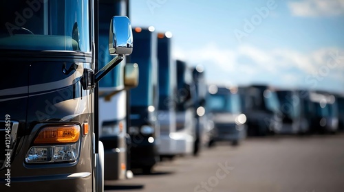 A row of parked RVs and trucks under a bright sky, showcasing the diversity of modern recreational vehicles and transport options.