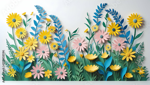 Colorful paper flowers and plants arranged in a decorative garden scene on a white background