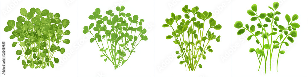 Fresh green herbs and edible plants arranged in clusters Fresh green herbs and edible plants arranged in clusters