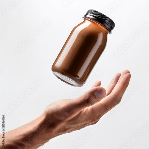Mockup frasco de alimento bebida, sendo jogado para cima, com mão abaixo para segurar. 