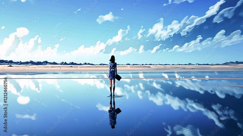 Blue tone color background of sky and city with girl stand and look to sky. Blue tone color background of sky and city with girl stand and look to sky.