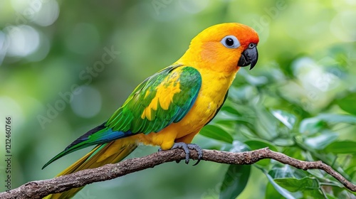 Sun parakeet perched on branch, tropical forest background, vibrant plumage, wildlife photography