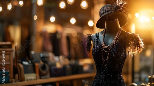 A stylish vintage dress showcased on a mannequin, surrounded by warm lights, capturing the essence of a timeless fashion display. photo